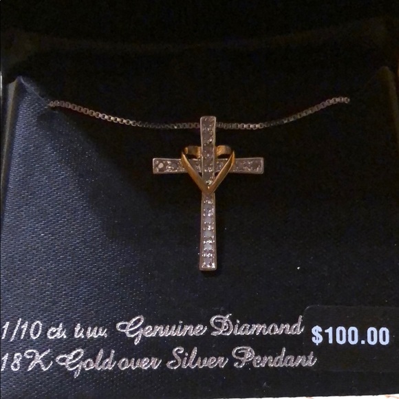 NWT DIAMOND W/SILVER & GOLD CROSS NECKLACE - Picture 2 of 6
